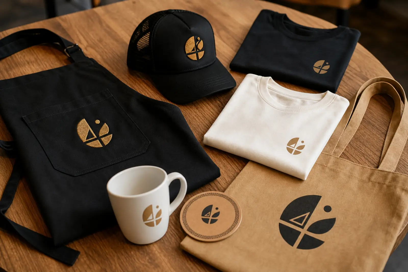 Kit de marca completo de hostelería: delantal, gorra, camisetas, taza, bolsa kraft y posavasos con logo bordado dorado