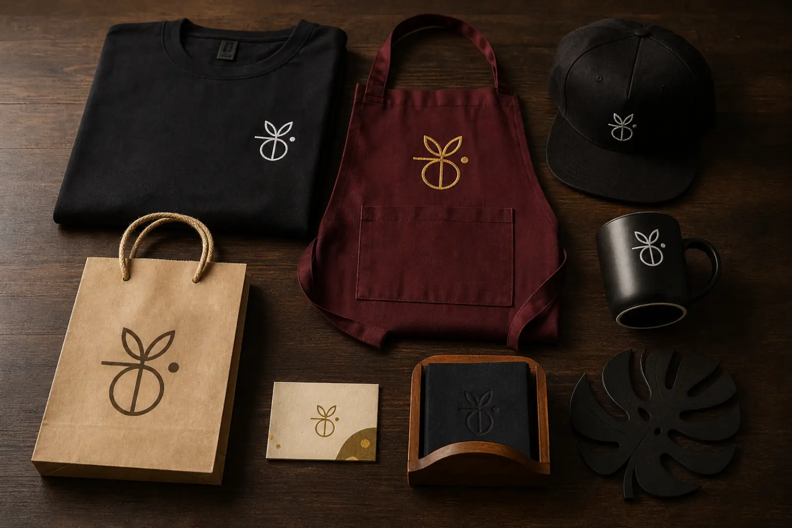 Vista cenital de un kit de merchandising para restaurante con camiseta negra, delantal burdeos, gorra, taza, bolsa kraft, posavasos y tarjeta de visita