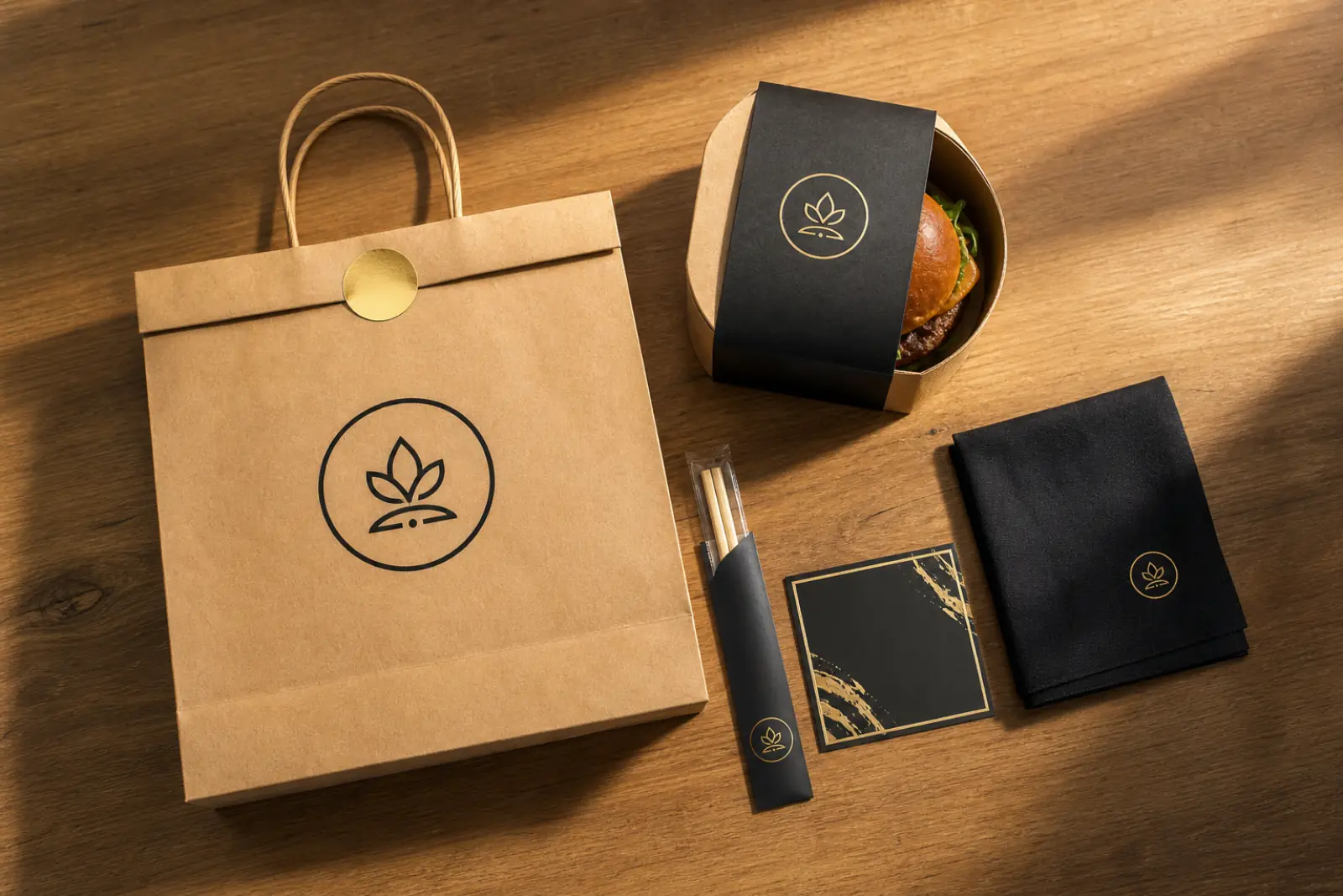 Pedido de delivery cuidadosamente empaquetado en bolsa kraft con logo, envase con faja serigrafiada, palillos personalizados y servilleta de tela